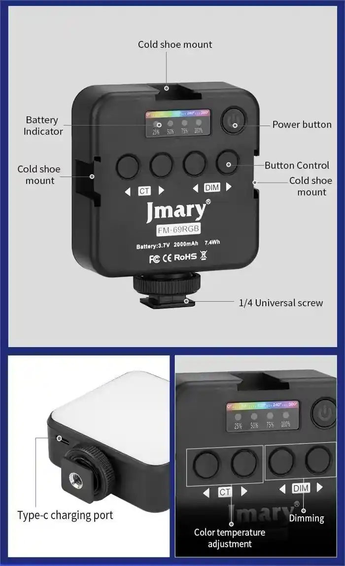 Jmary FM-69RGB Rechargeable Mini RGB Light built-in 2000mAh rechargeable battery with Type-C charging interface